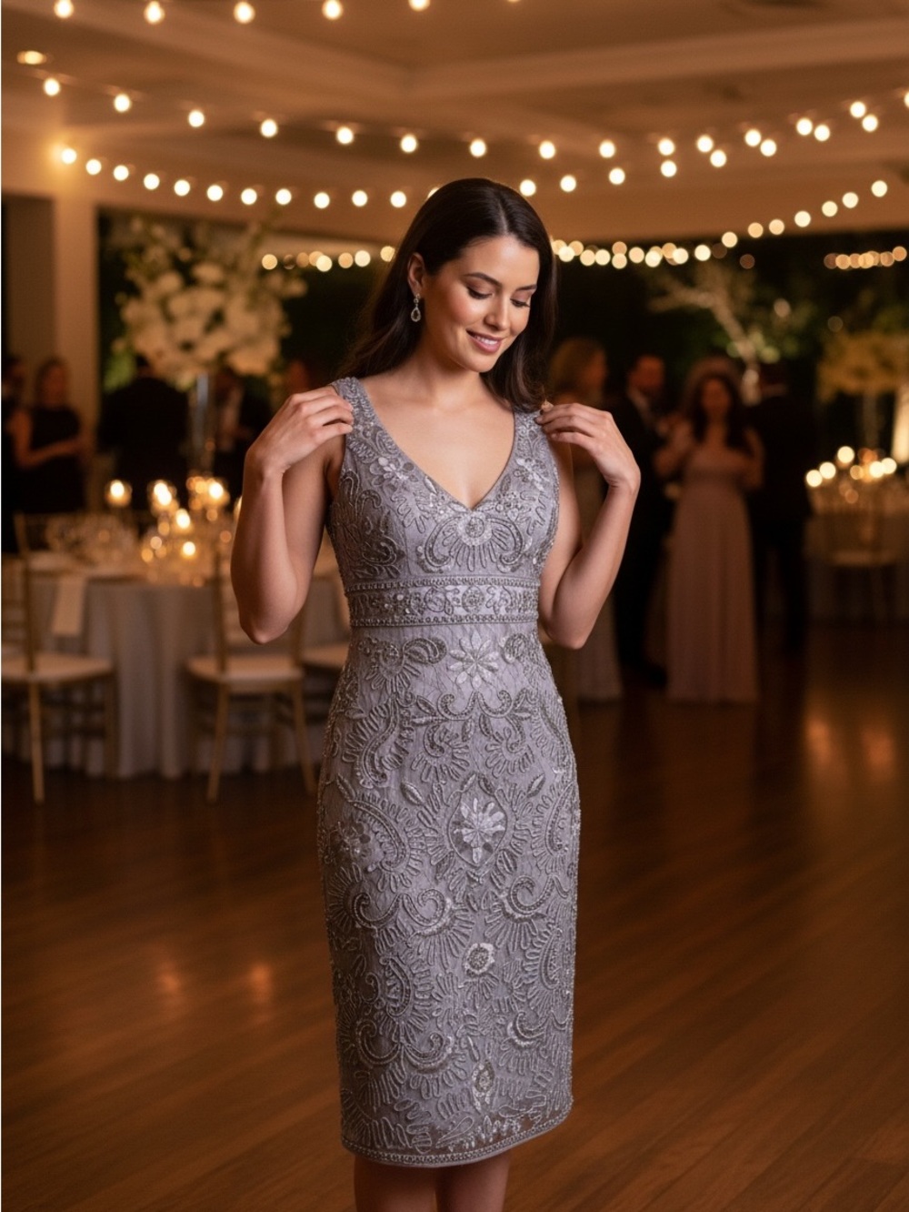 Sue Wong Beaded Lace Cocktail Dress Silver Gray Wedding Guest 0